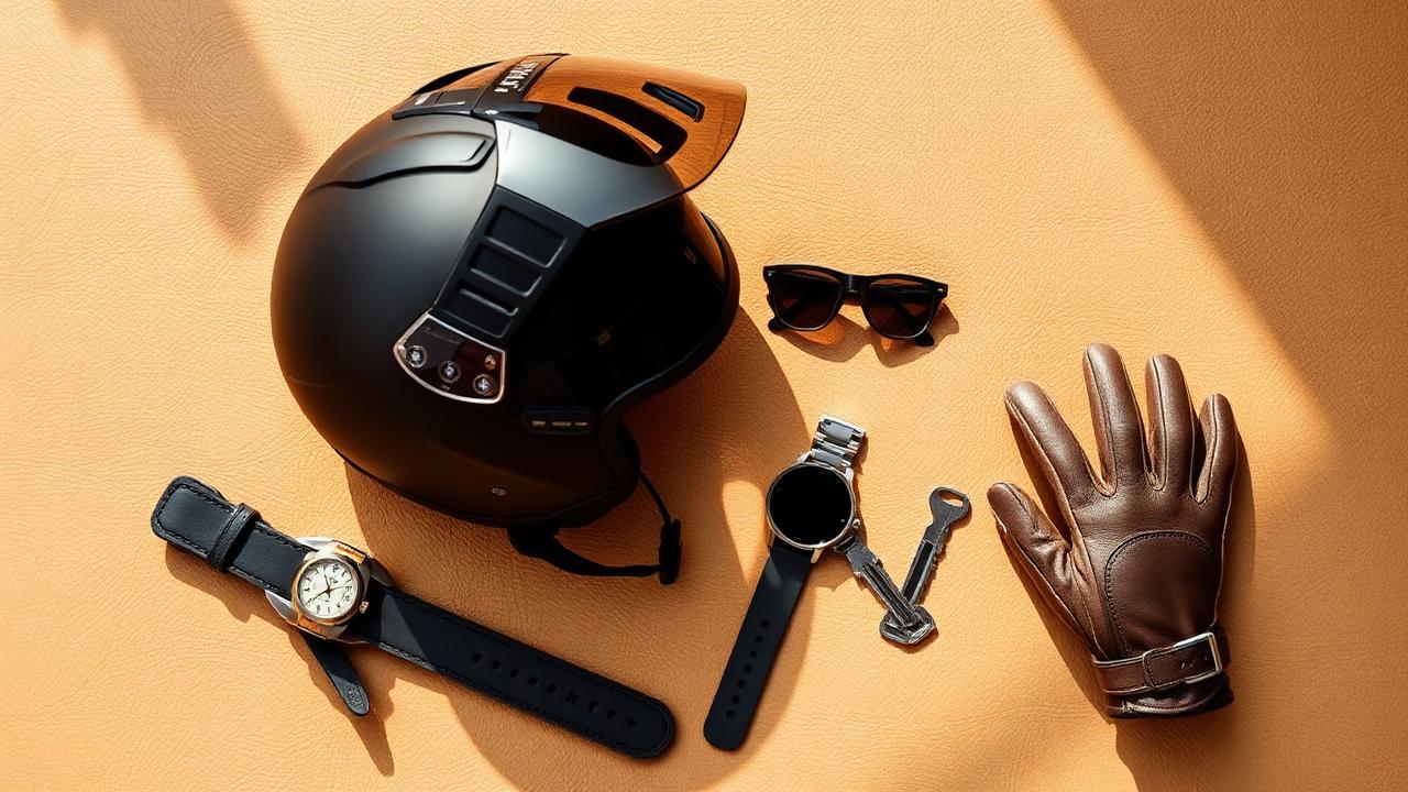 Motorcycle gear and watches on a leather surface